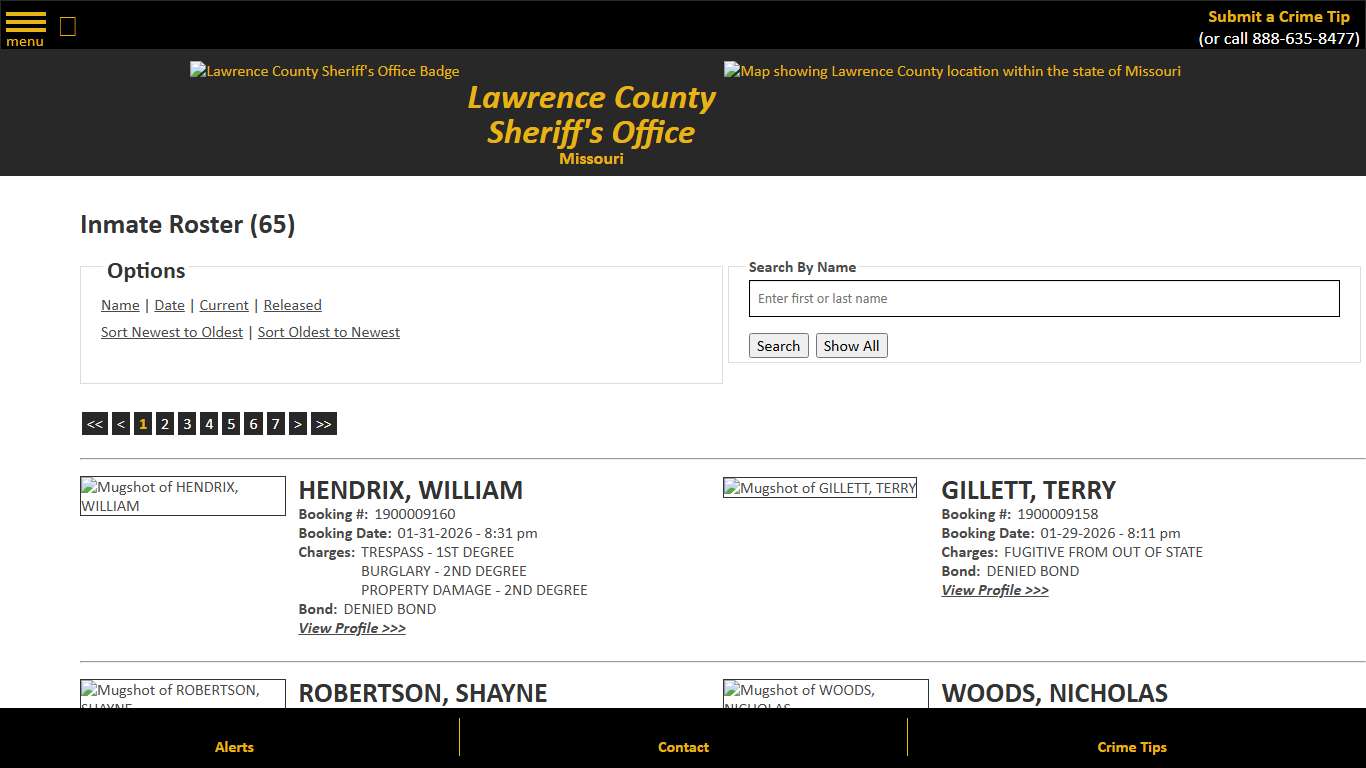 Inmate Roster - Page 1 Current Inmates Booking Date Descending - Lawrence County Sheriff MO