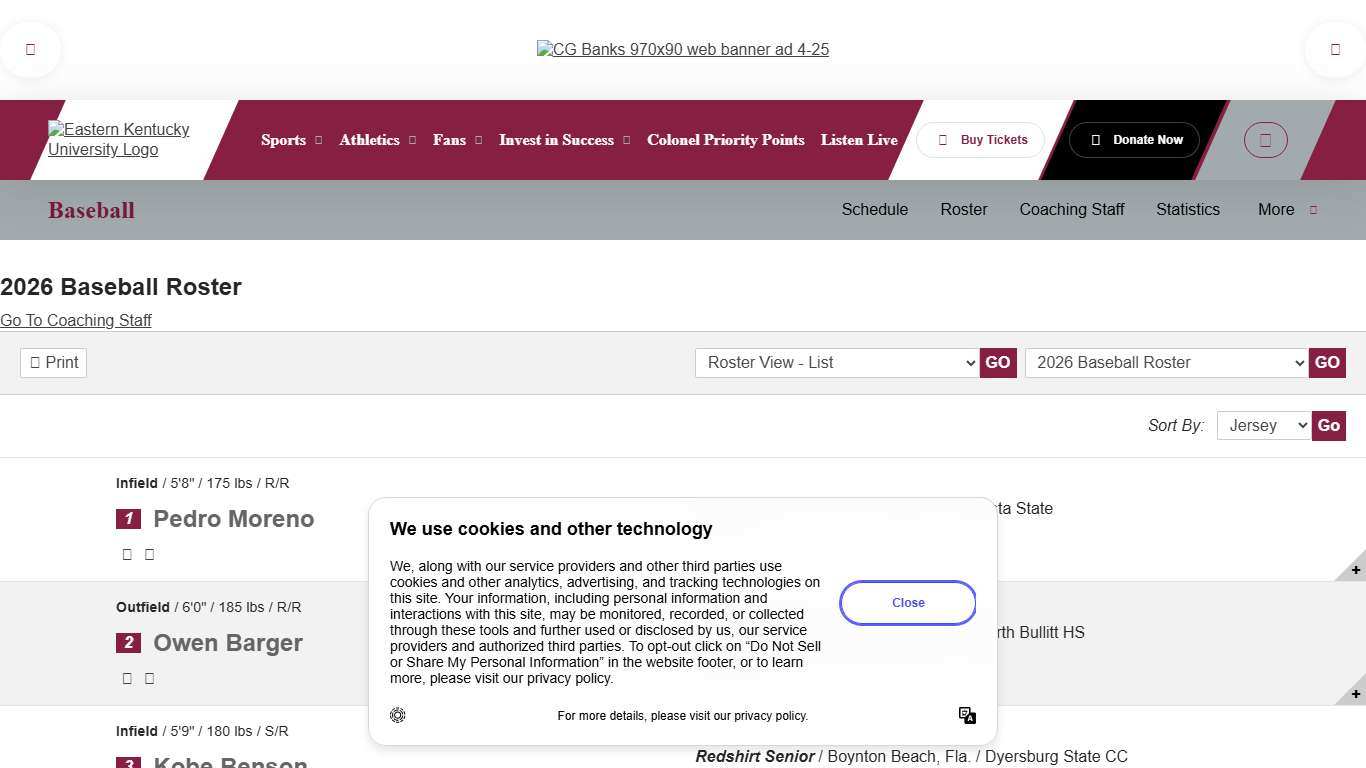 2026 Baseball Roster - Eastern Kentucky University Athletics